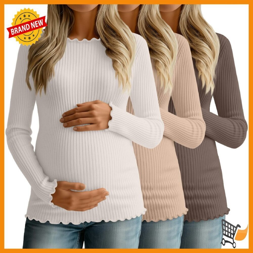 Maternity Long Sleeve Ribbed Tees 3 Pack Cotton Spandex Slim Fit
